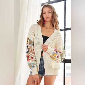ADORA Cream Multicolor Crochet Granny Square Oversized Cardigan Size Small